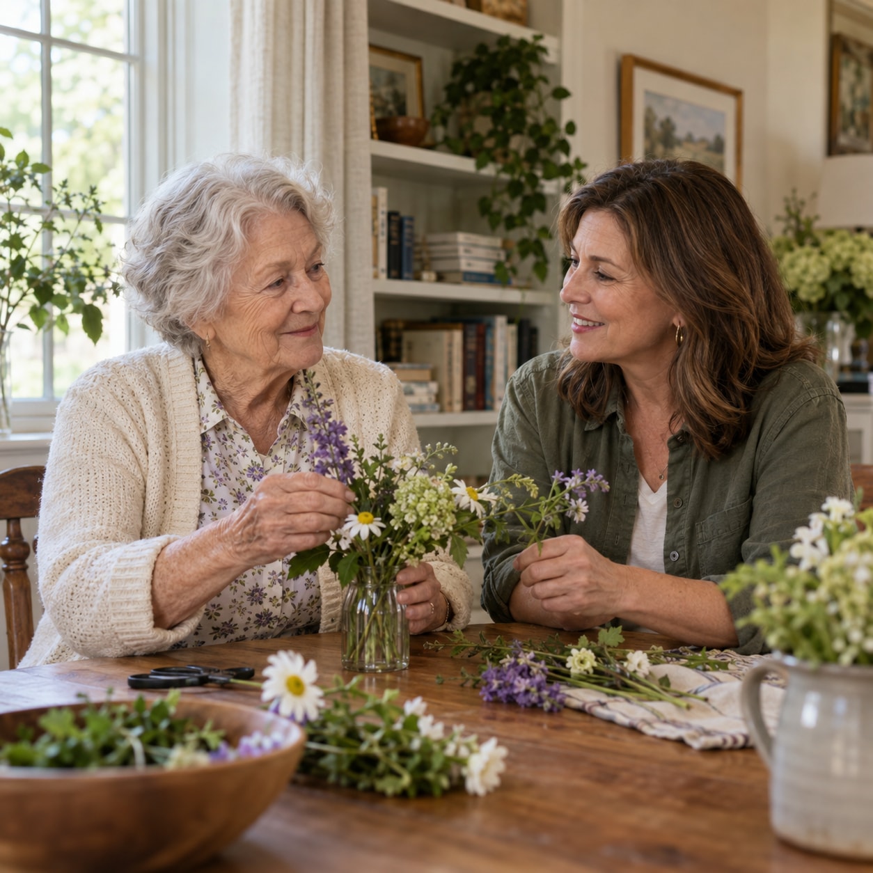 Illustrative home-life scene of two women arranging flowers and talking at a kitchen table